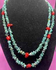 2 Strand Turquoise Red Coral Sterling Silver Necklace 17.5” Southwestern