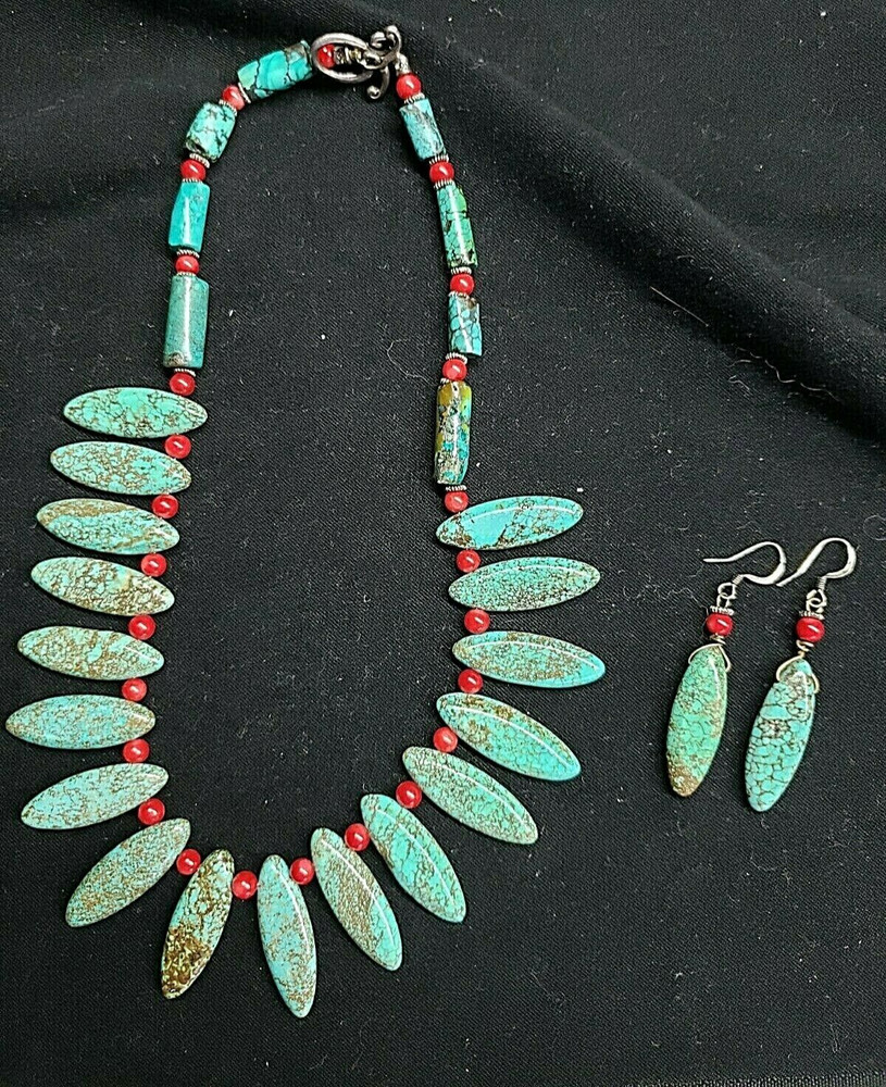 Statement Necklace Earrings Set Turquoise Red Coral Western Cowgirl Southwestern