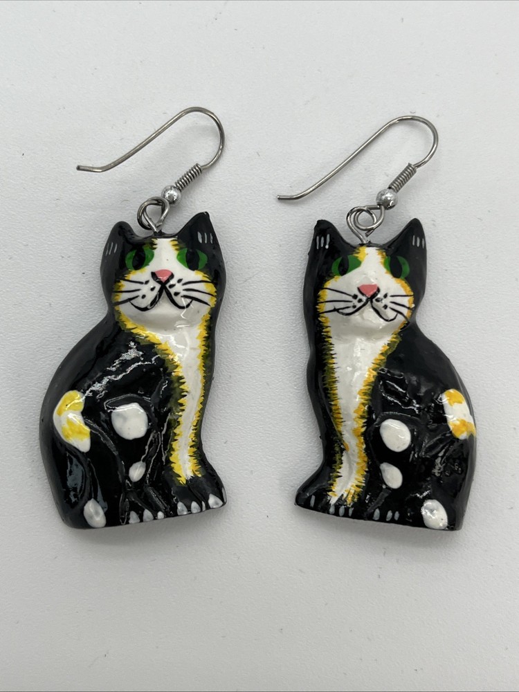 Hand Painted Tuxedo Cat Earrings Black & White Yellow Accents Green Eyes