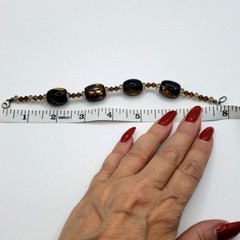 Murano Style Art Glass Bracelet Black Brown Gold Sparkle Accents Beads