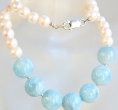 NATURAL BLUE LARGE MILKY AQUAMARINE WHITE PEARL 925 Silver NECKLACE Joy’s Jewels