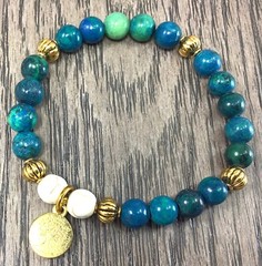 Blue Chrysocolla bracelet with gold tree of life charm healing gift for women