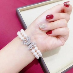 2-Row Pearl AAAA 7-8mm Natural Japanese Round WhitePearl Bracelet 925s7.5-8 inch