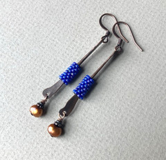 Peyote Beaded Hammered Copper Stick Earrings, Pearls, Purple-Blue Glass Beads