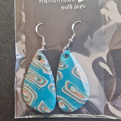 Handmade Polymer Clay Teardrop Dangle Earrings Blue White Beige Silver