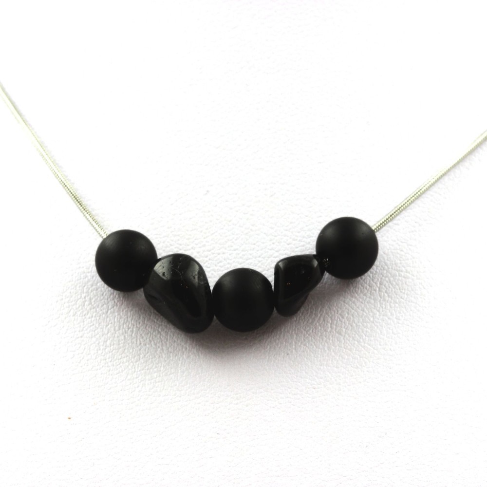 Minerals And Precious Stones. Onyx Black Matte Bead Necklace 8 Mm + Tourmaline