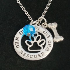 «Who Rescued Who» Pet Charm Necklace Silvertone Paw Bone Dog Love 21 Inches