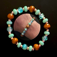 Handcrafted Handmade Brown/Blue/Green Glass & Wood Beaded Bracelet Unisex #036