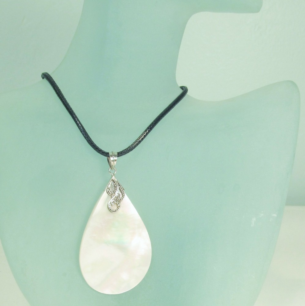 Teardrop White Mother of Pearl Shell Handmade Pendant Sterling Silver Necklace