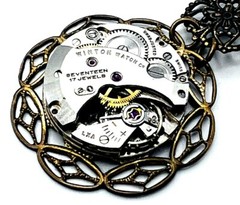 Antiqued Brass Crystal Steampunk Vintage Winton 17 Jewel Watch Necklace