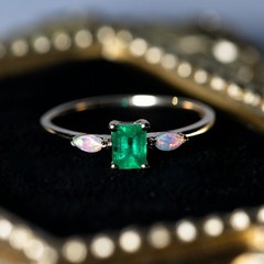 Starry Night Mexican Fire Opal Diamond Engagement Ring 18K Yellow Gold