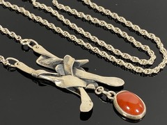 Sterling Silver & Carnelian Pendant Necklace – 24g – Handmade Modernist
