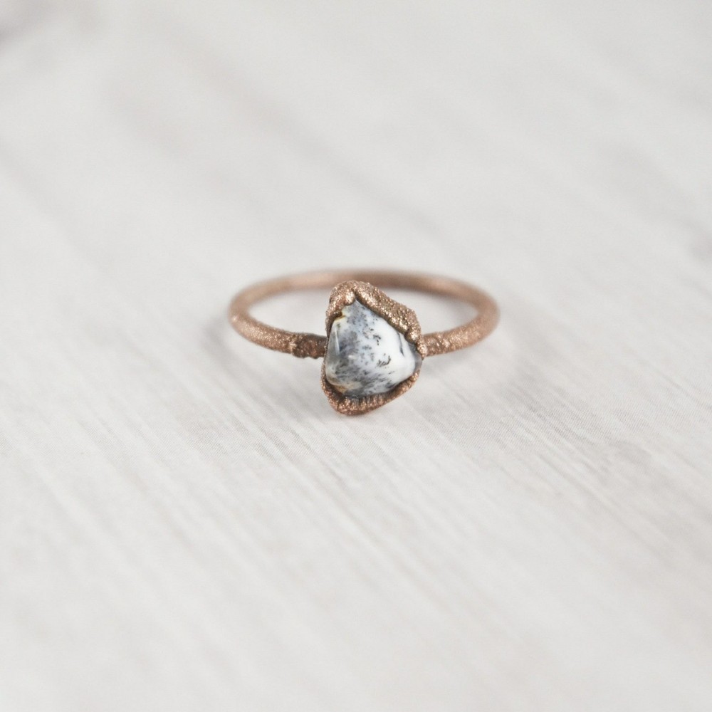 Size 7 Dendritic Opal Ring, Antique Copper, Raw Natural Stone, Boho Jewelry