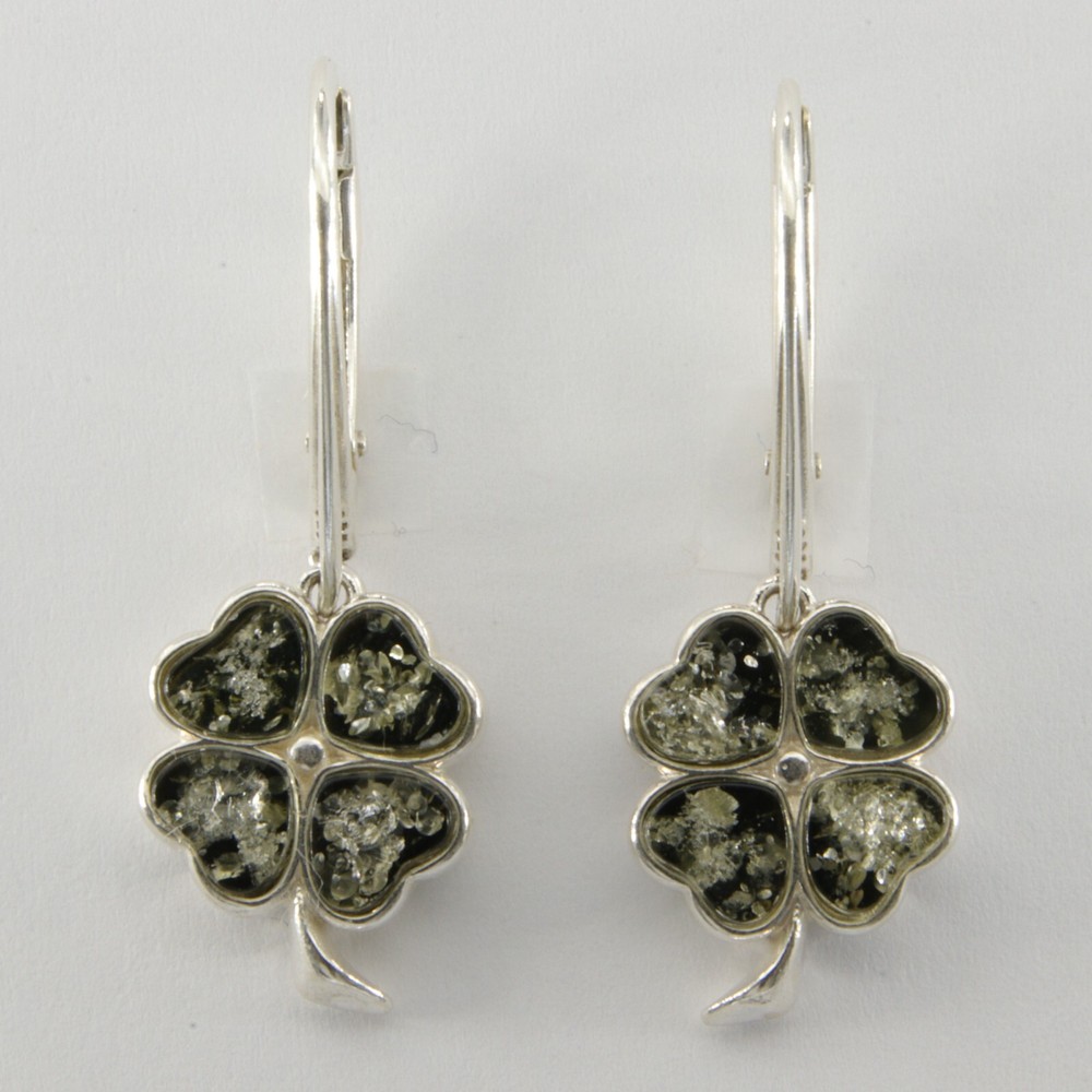 Green BALTIC AMBER Lucky Four Leaf Clover Earrings 925 STERLING SILVER #3607e