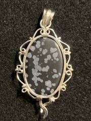 Vintage Snowflake Obsidian Gemstone Oval Cabochon Pendant Silver-Unknown Metal