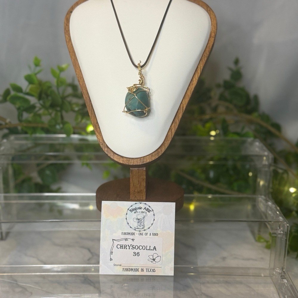 Handmade Chrysocolla Wire Wrapped Pendant Necklace Gold One of a Kind Texas