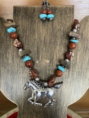 Western Handcrafted Running Horse Beaded Necklace & Earrings