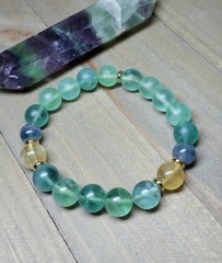 Green Fluorite Crystal Bracelet With Yellow & Purple Stretch Gem Beads 6.75″