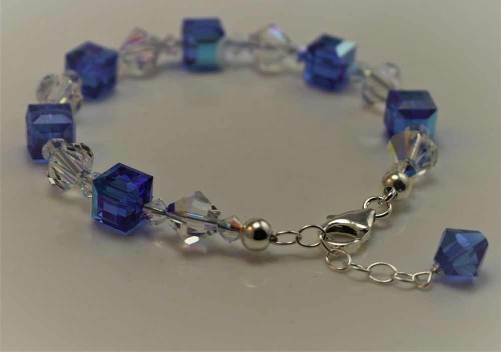 Blue Bracelet made w/ Swarovski Crystal Elements 8mm cube 8mm bicone. S. Silver