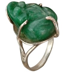 sculptural 950 Silver Frog carved jade Ringsz6
