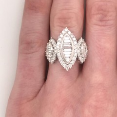 1.75ct Marquise Shaped Three-Stone Baguette & Round Brilliant Cut Diamond Ring
