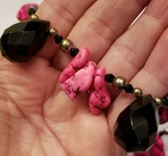 Artisan Pink Black Silver Natural Stone Glass Beaded Cross Medallion Necklace