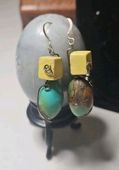 Cube Yellow Jasper and Oval Turquoise Earrings Silver Wire, Handmade