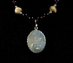 Petoskey Pendant in Sterling on Amethyst Color Glass Bead Necklace / 19″ long