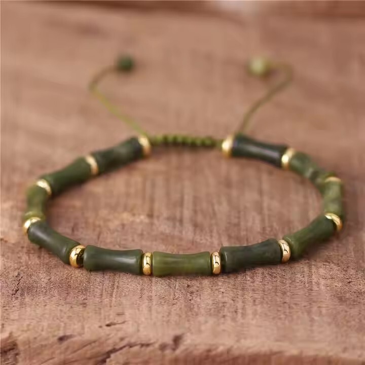 Green Jade Tube Beads Braided Dainty Healing Reiki Handmade Boho Bracelet Gift
