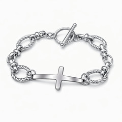 Stainless Steel Christian Cross Charm Bracelet –Twisted Rope Links –Toggle Clasp