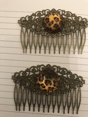 (2) Retro Leopard Cabochon Victorian Filigree Vintage Bronze large Hair Combs