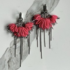 Handcrafted Pink Thread Dangle Earrings, Steel Jewelry