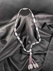 Czech Glass Bead Necklace Long Tassel Pendant Blush Pink White Handmade