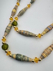 Vintage Paper Bead Necklace Crystal Green Earth Tone Extra Long Boho 48″