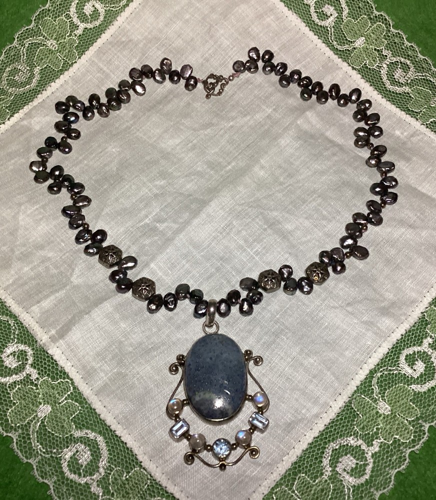 Lovely Handmade Denim Lapis, Cultured Pearls, Crystal & Sterling Silver Necklace