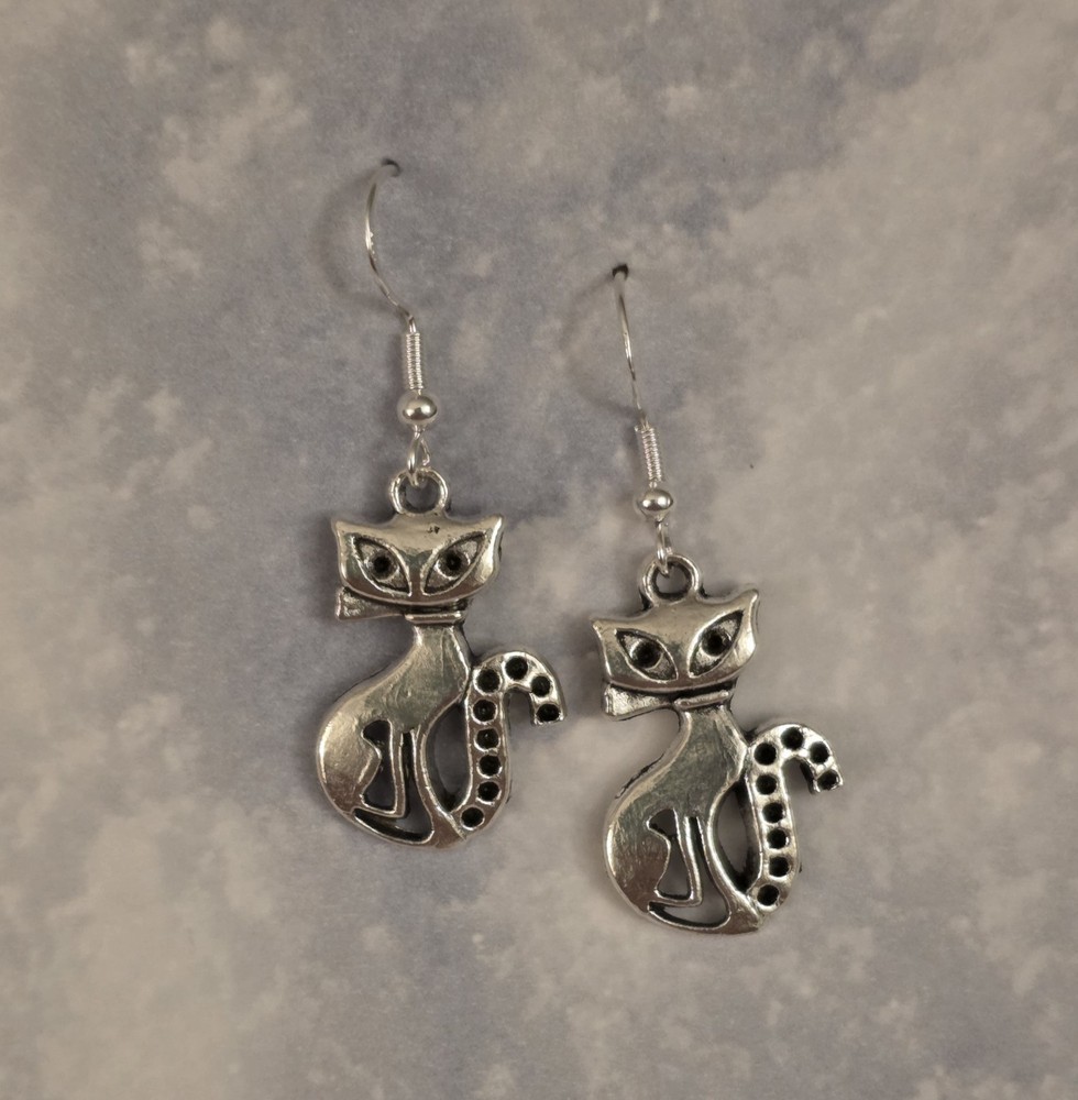 Sterling Silver Hooks Cat Pewter Charm Earrings Free Shipping