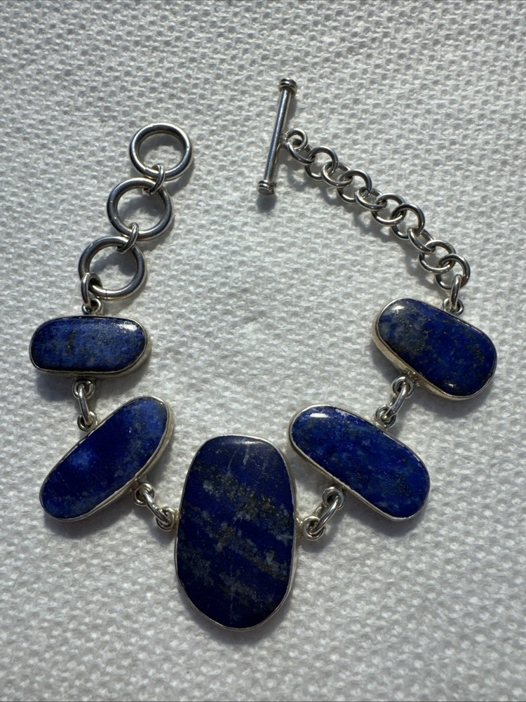 Lapis Lazuli Bezel Set STERLING SILVER TOGGLE BRACELET-adjust to 8” Beautiful