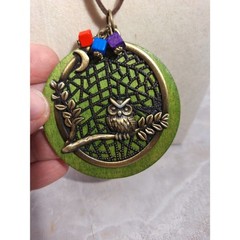 A Wood Disc Necklace With Owl Motif Leather Cord Whimsical Nature Inspired