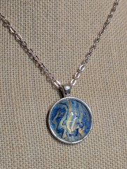 Hand Painted Abstract Blue Pendant Silver Tone Necklace Glass Dome Bezel 24 Inch