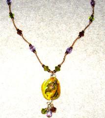 ARTISAN MADE COPPER WIRE and GOLD & LAVENDER GLASS BEADS PENDANT NECKLACE – 16″