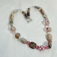 Handcrafted Stone Art Glass Bead Necklace Pink Grey Green Crystal 19″
