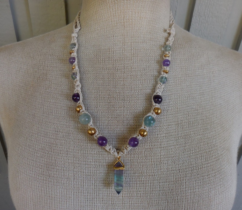Fluorite Double Terminated Point Adjustable Hemp Necklace w Amethyst Stone Beads