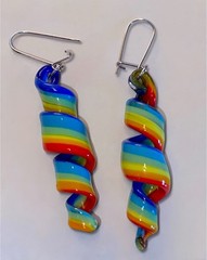 Hand Blown Rainbow Candy Stripe Spiral Art Glass Pierced Earrings, Silver Tone