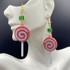 Handmade Earrings Lollipop Swirl GoldTone Christmas Holiday 3.25” Total