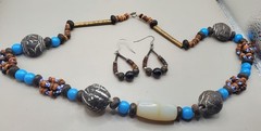 5 Pc Ethnic/Tribal Artisian: 2 Necklaces-1 w/ Quartz Gemstone, Earrings Bracelet