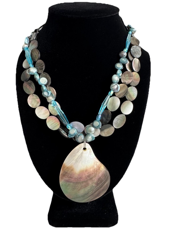 Artisan Blue Glass, Pearl, Shell Bead 3-Strand Pendant Toggle Necklace 17″