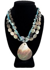 Artisan Blue Glass, Pearl, Shell Bead 3-Strand Pendant Toggle Necklace 17″