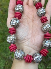 Vtg Statement Necklace Mother Of Pearl Mosaic Balls Pink Chocker 18” Ethnic Boh