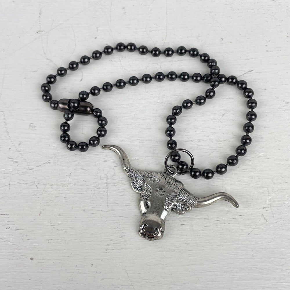 Bull Head Silver-tone Metal Pendant on Gunmetal Ball Chain OOAK Cowgirl Biker