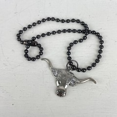 Bull Head Silver-tone Metal Pendant on Gunmetal Ball Chain OOAK Cowgirl Biker